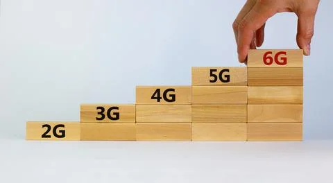 6G network evolution symbol. Hand holding a wooden block with 6g symbol. 2G,  Stock Photos