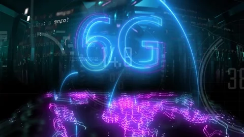 6g network icon glowing with world map. Global super speed with quantum comp Stock Footage 247966177