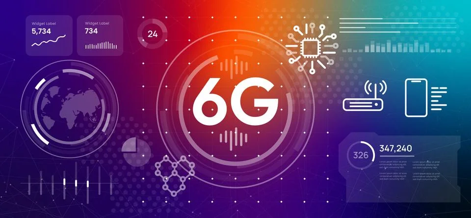 6G network technology data visualization chip smartphone and router the Stock Illustration