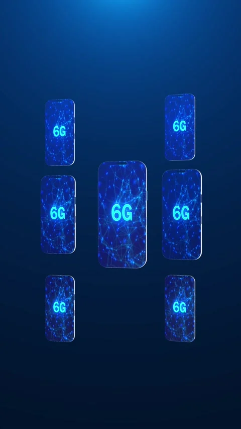 6G smartphone network multiple glowing mobile screens, blue node graphics, and d Stock Footage 340567393