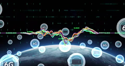 6G technology and data processing animation over Earth with digital graphs Stock Footage 326765288