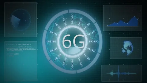 6G technology animation with data charts and coding elements in central hub Stock Footage 303414977