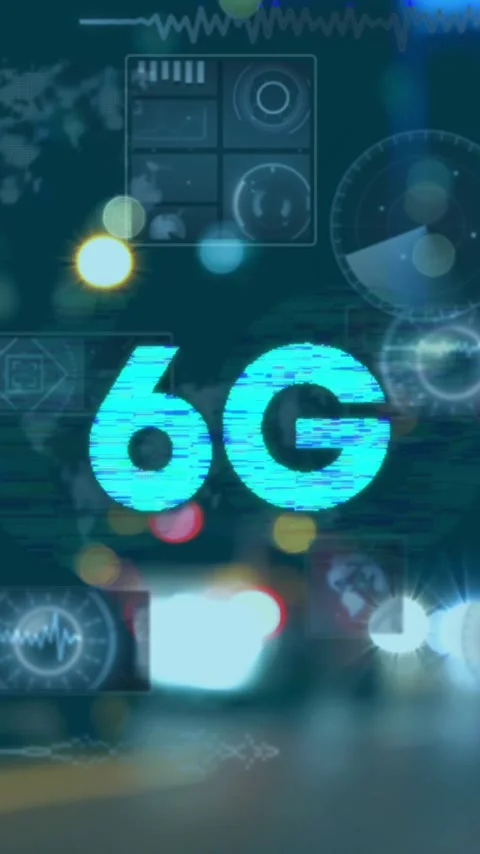 6G technology animation over blurred cityscape with lights and digital icons Stock Footage 343720998