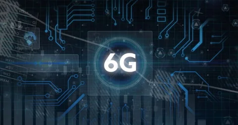 6G technology animation over circuit board and digital interface background Stock Footage 304101411