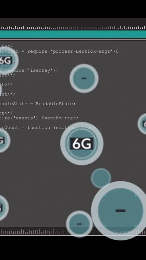 6G technology animation over computer code in terminal window Stock Footage 319977125