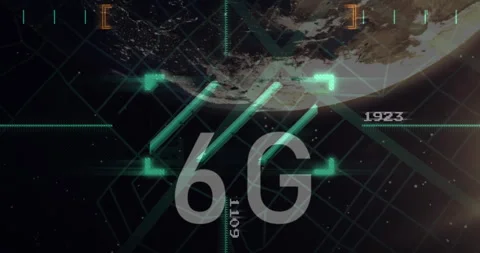 6G technology animation over satellite view of Earth with digital grid Stock Footage 303615640