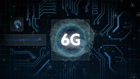 6G technology concept with digital circuits and globe animation in background Stock Footage 304015497