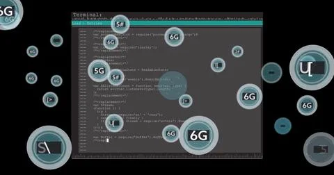 6G technology image over computer code in terminal window Stock Illustration