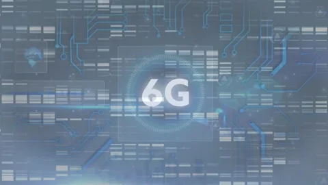 6g text and microprocessor connections against mosaic squares on blue background 스톡 동영상 327898549