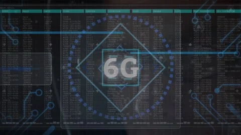 6g text and microprocessor connections against data processing on black Vídeo Stock 329126371