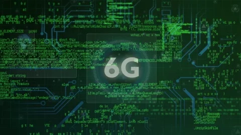 6g text and microprocessor connections against data processing on green Stockbeeldmateriaal 329367498