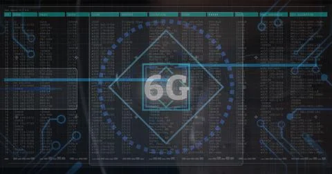 6g text and microprocessor connections against data processing on black 스톡 일러스트
