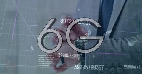 6g text and multiple changing numbers against mid section of businessman using Stock Illustration