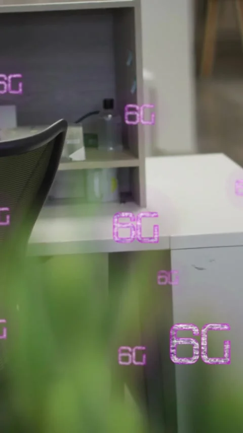 6G text animation over empty office desk with computer and chair Stock Footage 319977190