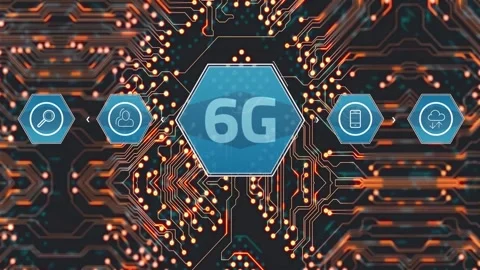 6g text banner and multiple digital icons against microprocessor connections on Video stock 196887247