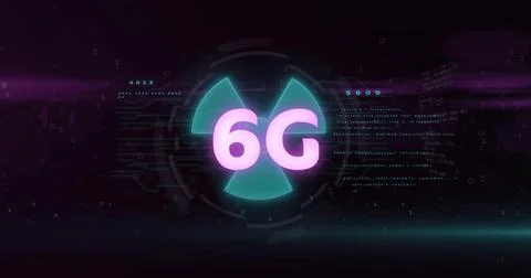 6G text with digital data processing image over dark background Stockillustratie