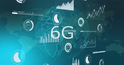 6G text image over digital graphs and world map background Ilustração Stock