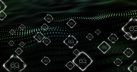 6G text over digital wave image with glowing dots and grid pattern Stock Photos