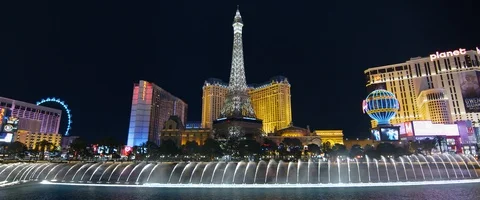 6K - Bellagio Water Show with Eiffel Tower Stock Footage 126358911