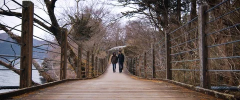 6K - Couple Walking Across a Bridge Holding Hands Stock Footage 125698034