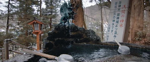 6K - Dragon Waterfall Statue in the Woods of Japan Stock Footage 125710991