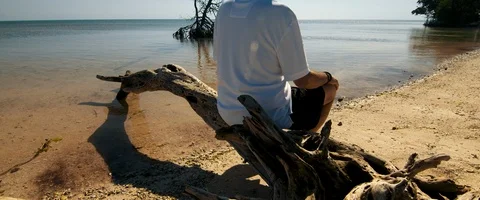 6K- Man Sitting on a Log on the Coast Stock Footage 125967811