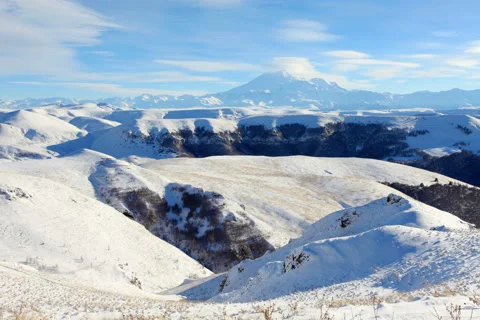 6K. Movement of the clouds on the mountains Elbrus, Northern Caucasus, Russia.  Stock Footage 47885343