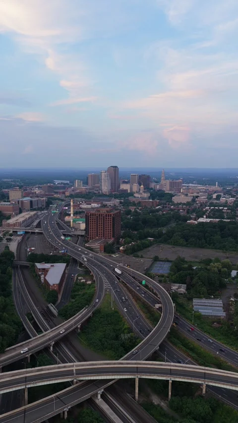 6K Vertical Wide Shot of Downtown Hartford, CT Skyline Stock Footage 337913540