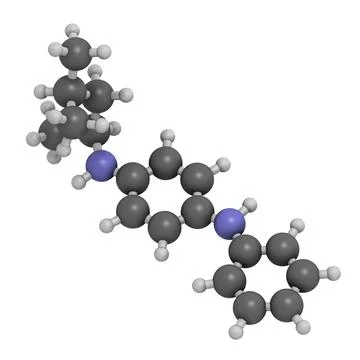 6PPD rubber additive molecule. Toxic to salmon. 3D rendering. Stock Illustration