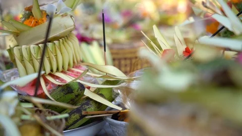 7 in 1 Close up in slow motion of some colorful offerings Stock Footage 93891941