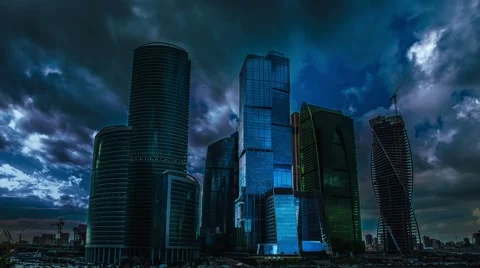 7 in 1 video! The empty skyscrapers at night: apocalyptic-style video Video stock 49923243