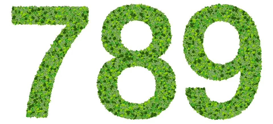 7 8 9 digits made from green leaves isolated on white background. Stock Illustration