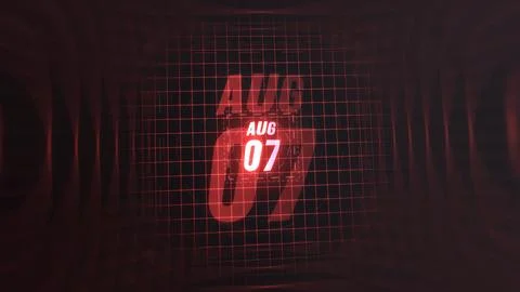 7 August. Calendar with number and month in neon red with grid background. Stock Illustration