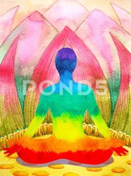 7 color chakra human lotus pose yoga, abstract world, universe inside mind Stock Illustrationen