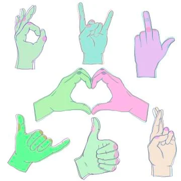 7 Color Hands collection. Patterns hands. Like Fuck, O.K. rock Love Vow Sewar Stock Illustration