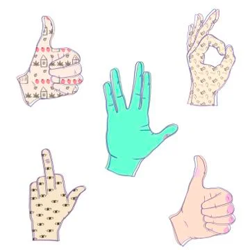 7 Color Hands collection. Patterns hands. Like Fuck, O.K. rock Love Vow Sewar on Stock Illustration