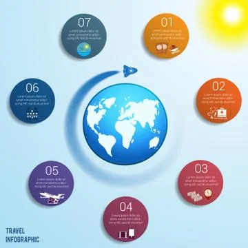 7 colored circles numbered with space for text around the world map Stock Illustration