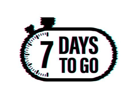 7 Days to go. Countdown timer. Clock icon. Time glitch icon. Count time sale Illustrazione stock