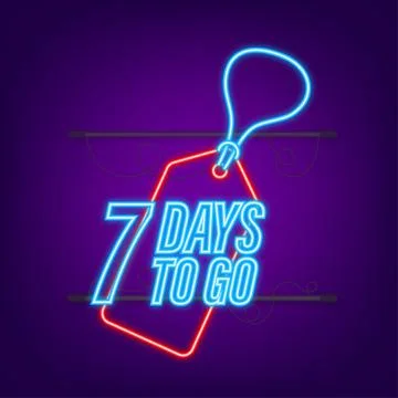7 Days to go. Countdown timer. Neon icon. Time icon. Count time sale. Vector Illustrazione stock