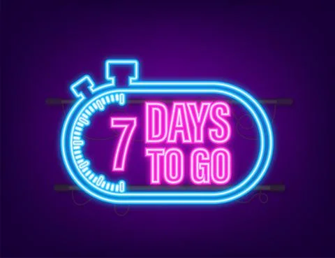 7 Days to go. Countdown timer. Neon icon. Time icon. Count time sale. Vector Illustrazione stock