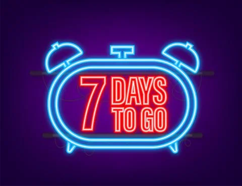 7 Days to go. Countdown timer. Neon icon. Time icon. Count time sale. Vector Illustrazione stock