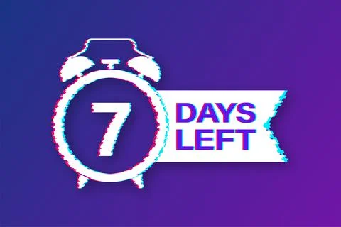 7 Days left. Countdown timer sign. Glitch icon. Time icon. Count time sale Stock Illustration