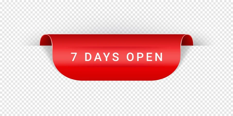 7 Days Open Vector Sticker, Tag, Banner, Label, Sign Or Ribbon Realistic Red Stock Illustration