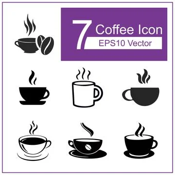 7 icon a cup of hot coffee with steaming smoke. Illustrazione stock