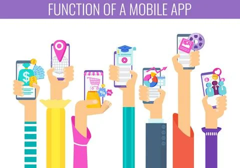 7 Important Function Of A Mobile App. Learning, entertainment and navigation Stock Illustration