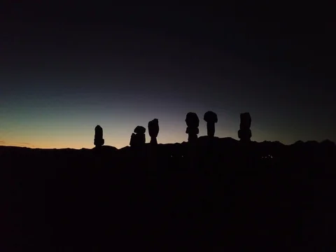 7 Magic Mountains Rock Art During Sunset Silhouette Stock Footage 81380806