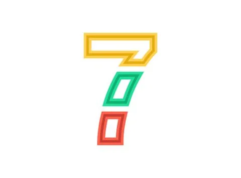 7 number logo, vector outline stroke font. Slice, cut design with red, green, Stock Illustration