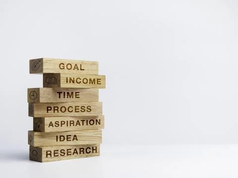 7 options or steps infographic for business concept. Stack of wooden blocks w Stock Photos