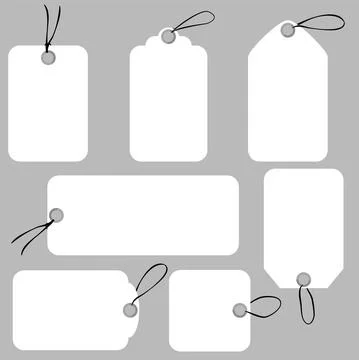 7 Set Vector simple white blank Rectangle and Square tag with rope, rounded c Stock Illustration