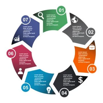 7 step vector element in seven colors with labels, infographic diagram. Busin Stock Illustration